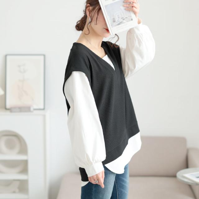 深Vネックフェイクベストプルオーバー