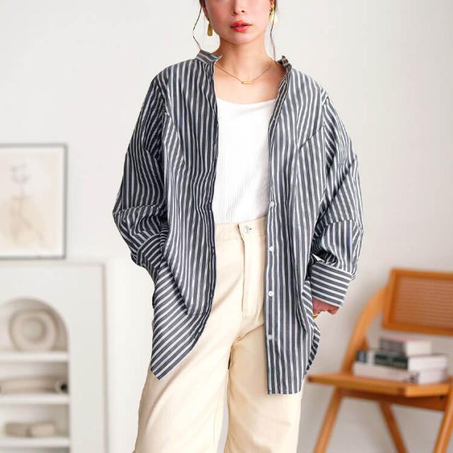 ストライプランタンスリーブタックシャツ