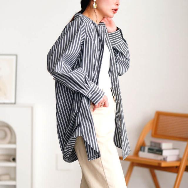 ストライプランタンスリーブタックシャツ