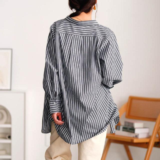 ストライプランタンスリーブタックシャツ