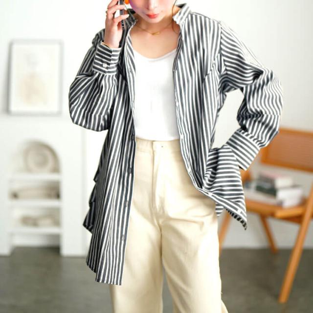 ストライプランタンスリーブタックシャツ