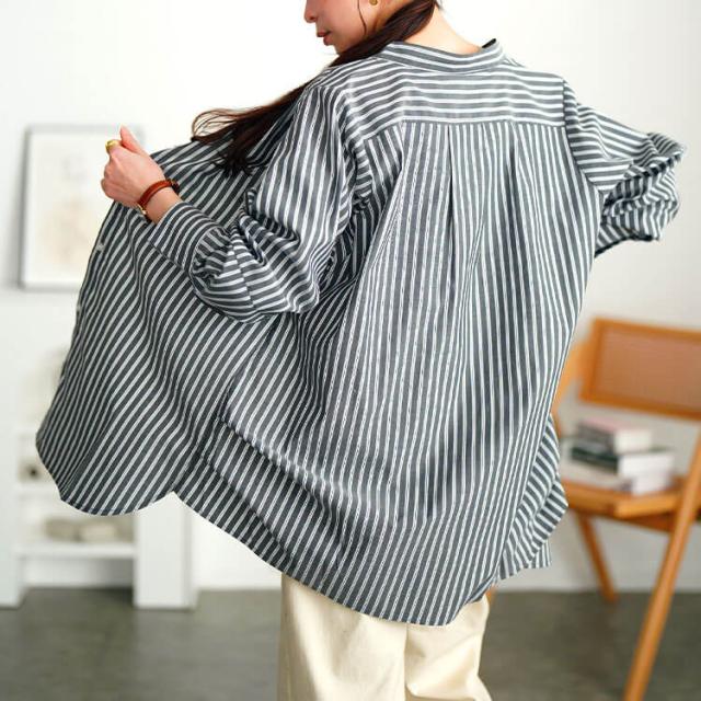 ストライプランタンスリーブタックシャツ