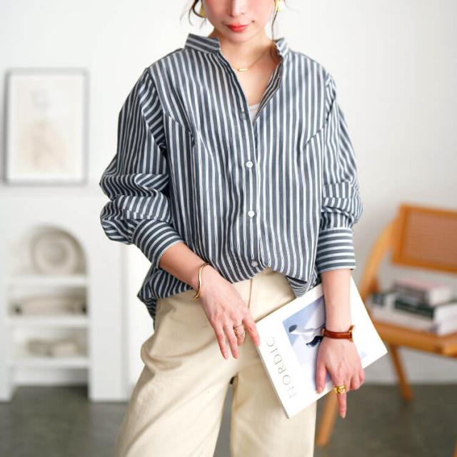 ストライプランタンスリーブタックシャツ