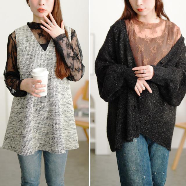 ミニハイネック花柄チュールレーストップス