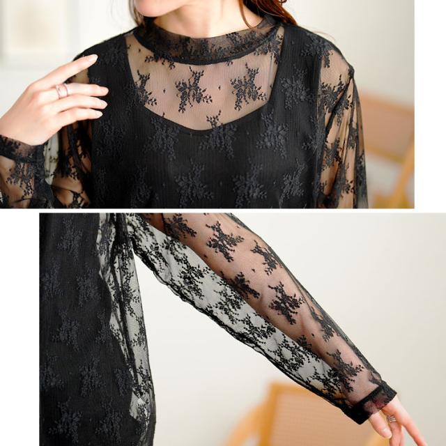 ミニハイネック花柄チュールレーストップス