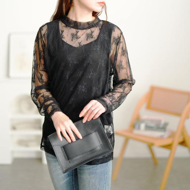 ミニハイネック花柄チュールレーストップス