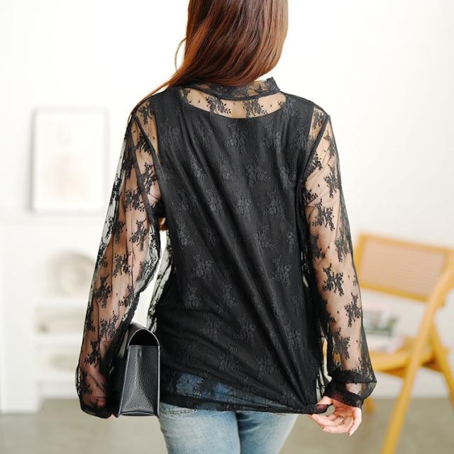 ミニハイネック花柄チュールレーストップス