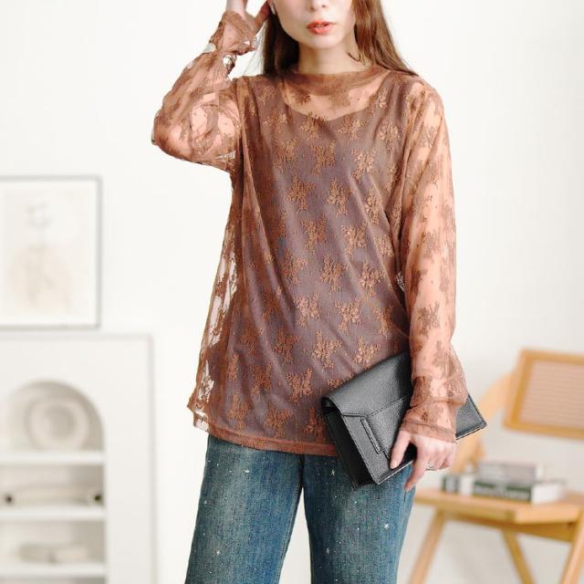 ミニハイネック花柄チュールレーストップス