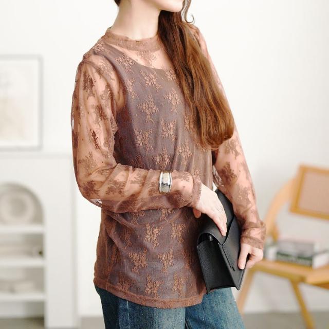 ミニハイネック花柄チュールレーストップス