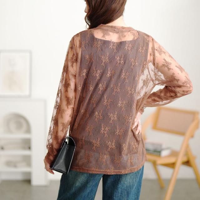 ミニハイネック花柄チュールレーストップス