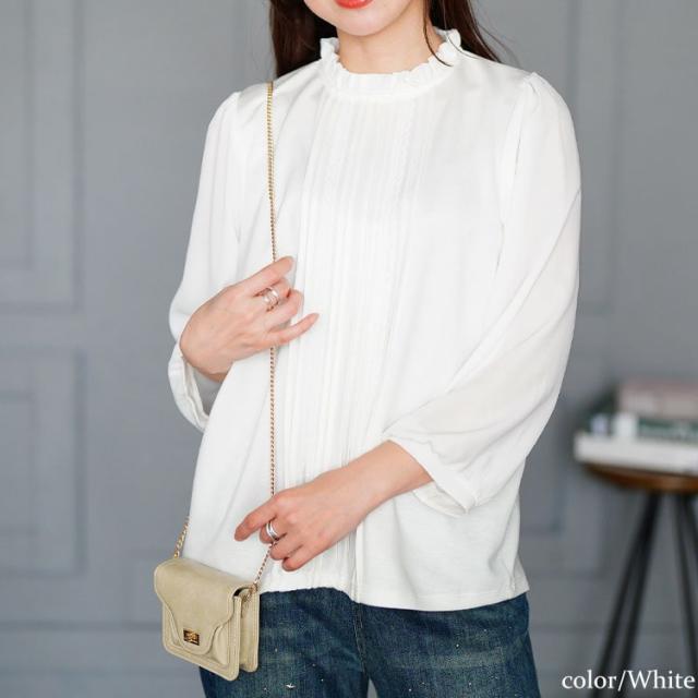 レース＆ピンタックフリルネックブラウス