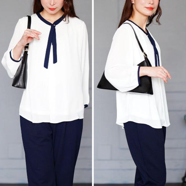バイカラーボウタイブラウス