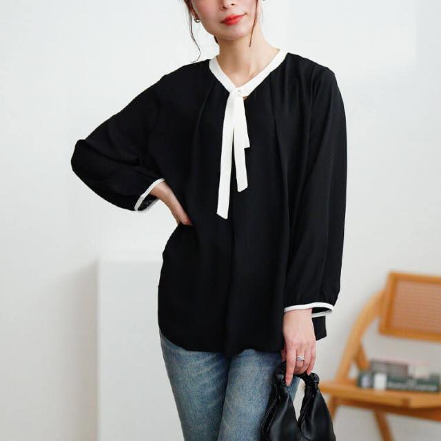 バイカラーボウタイブラウス