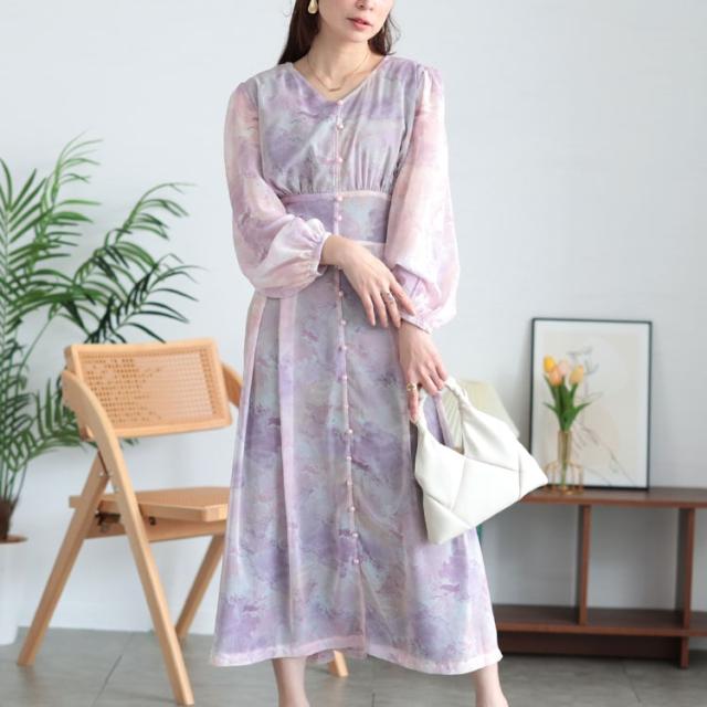 ニュアンス柄ウエスト切り替えシフォンワンピース