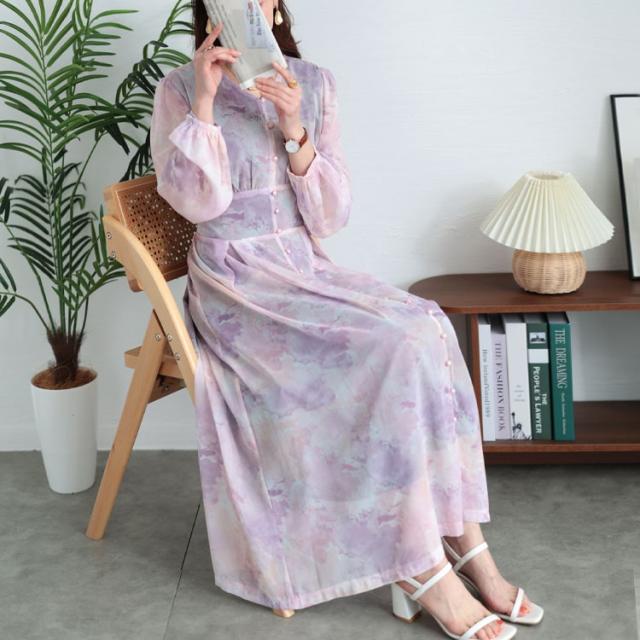 ニュアンス柄ウエスト切り替えシフォンワンピース