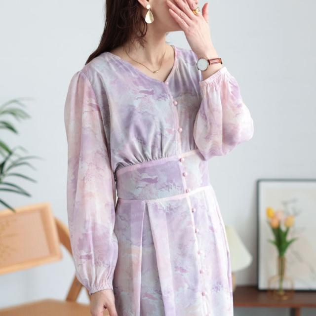 ニュアンス柄ウエスト切り替えシフォンワンピース