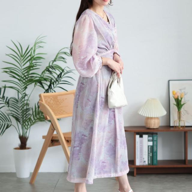 ニュアンス柄ウエスト切り替えシフォンワンピース