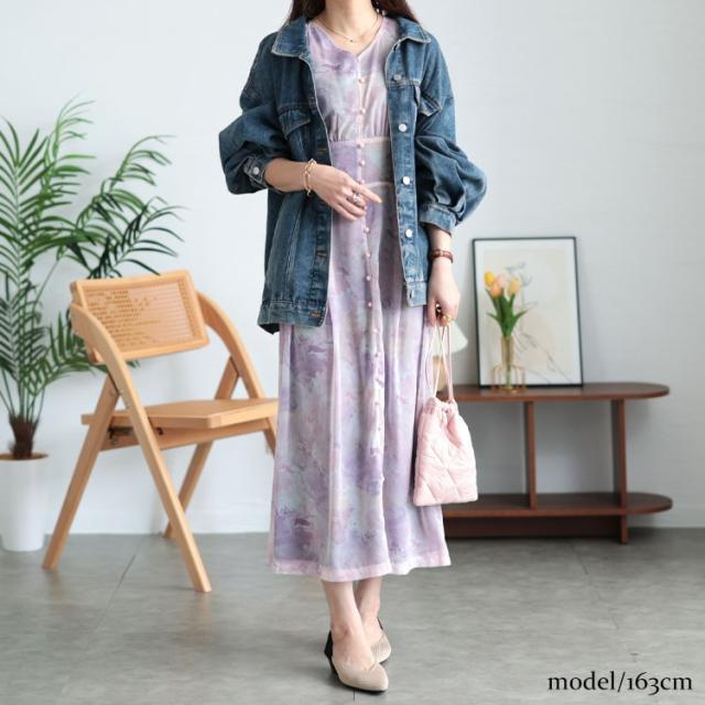 ニュアンス柄ウエスト切り替えシフォンワンピース