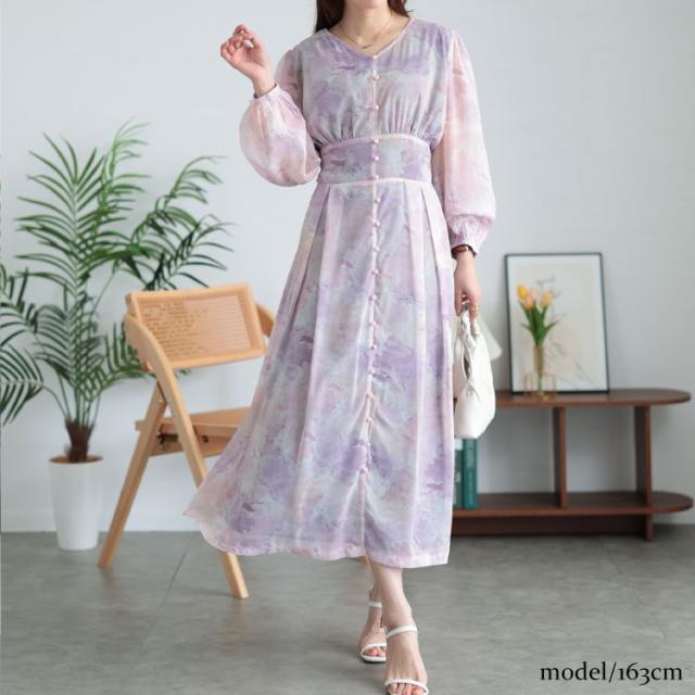 ニュアンス柄ウエスト切り替えシフォンワンピース