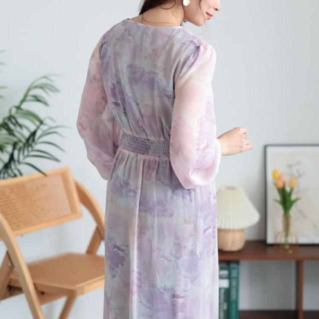 ニュアンス柄ウエスト切り替えシフォンワンピース