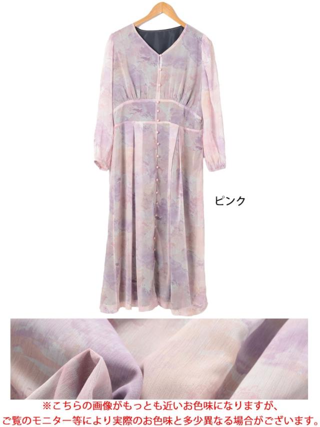 ニュアンス柄ウエスト切り替えシフォンワンピース