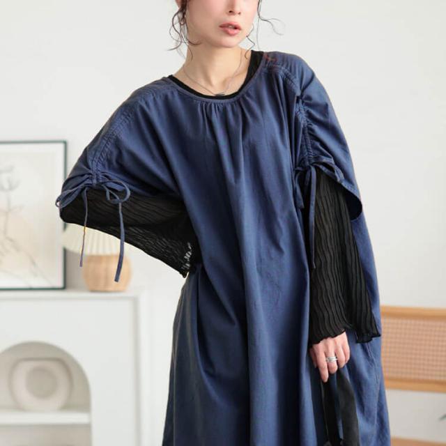 コットンリネン肩ドロストワンピース