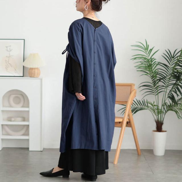 コットンリネン肩ドロストワンピース