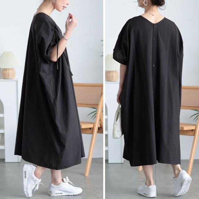 コットンリネン肩ドロストワンピース