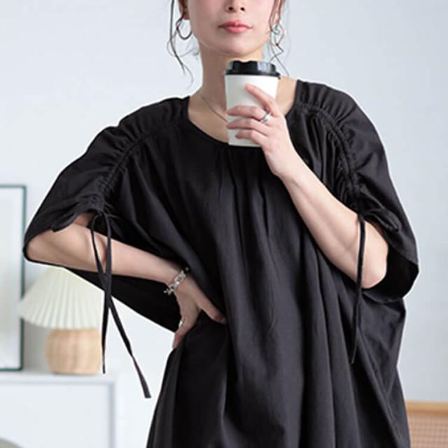 コットンリネン肩ドロストワンピース