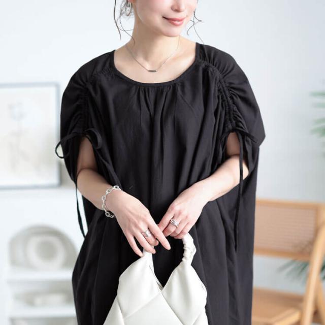 コットンリネン肩ドロストワンピース