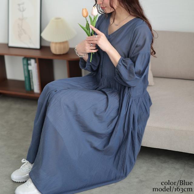 コットンリネンVネックギャザーワンピース