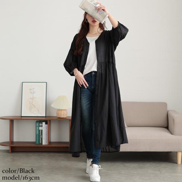 コットンリネンVネックギャザーワンピース