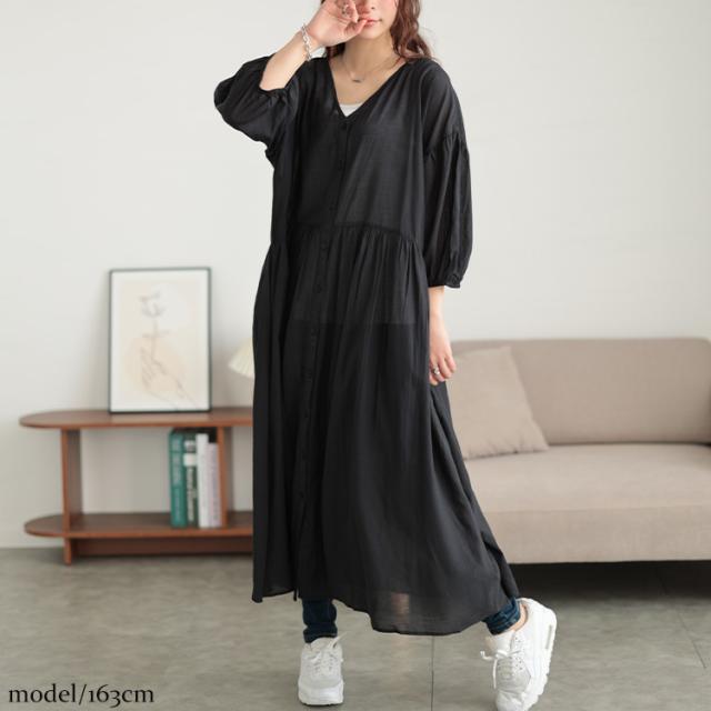 コットンリネンVネックギャザーワンピース