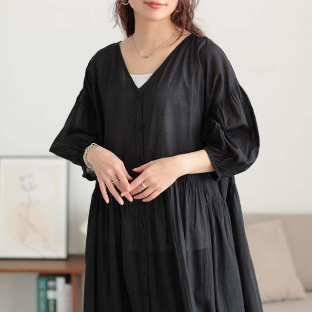 コットンリネンVネックギャザーワンピース