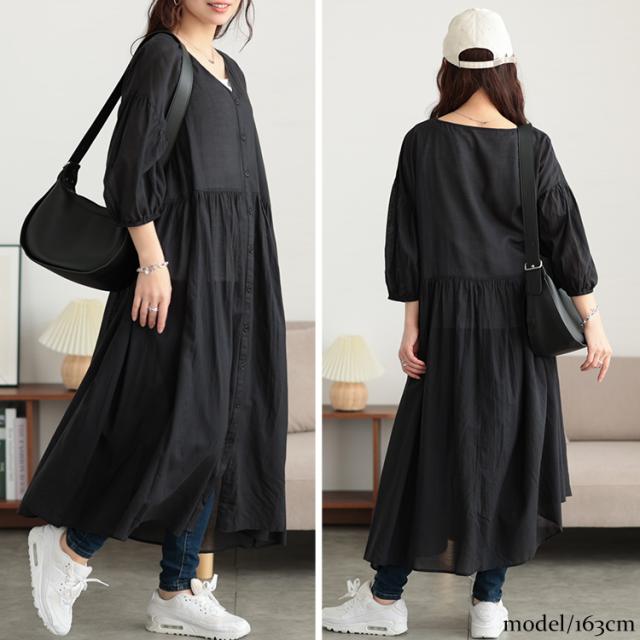 コットンリネンVネックギャザーワンピース