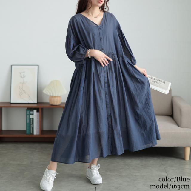 コットンリネンVネックギャザーワンピース