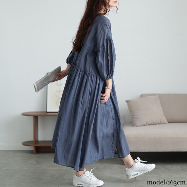コットンリネンVネックギャザーワンピース