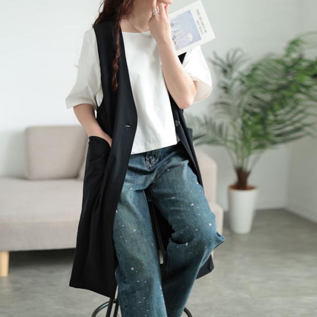 バックスリットノーカラーロングジレ