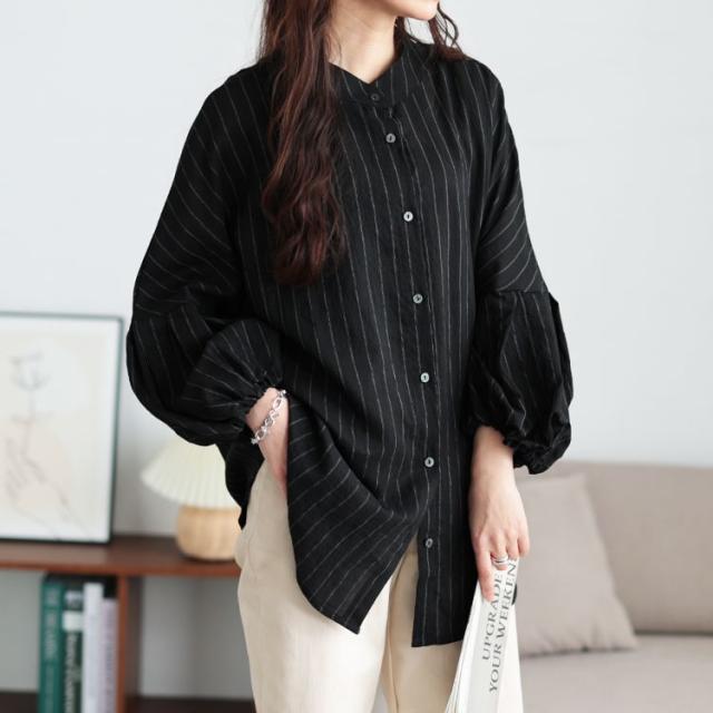 ピンストライプバルーンスリーブブラウス