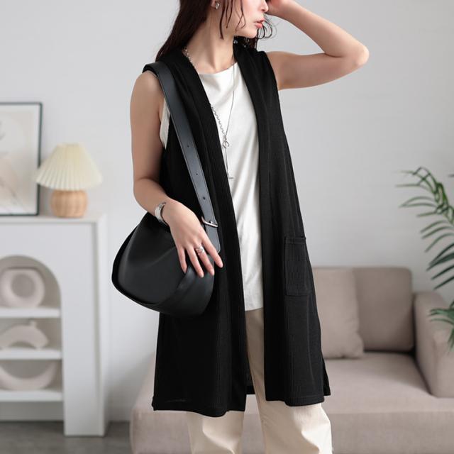 サイドスリット畦編みロングジレ