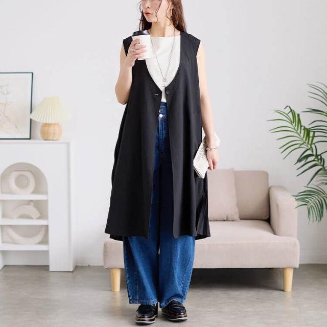 麻調バックプリーツロングジレ