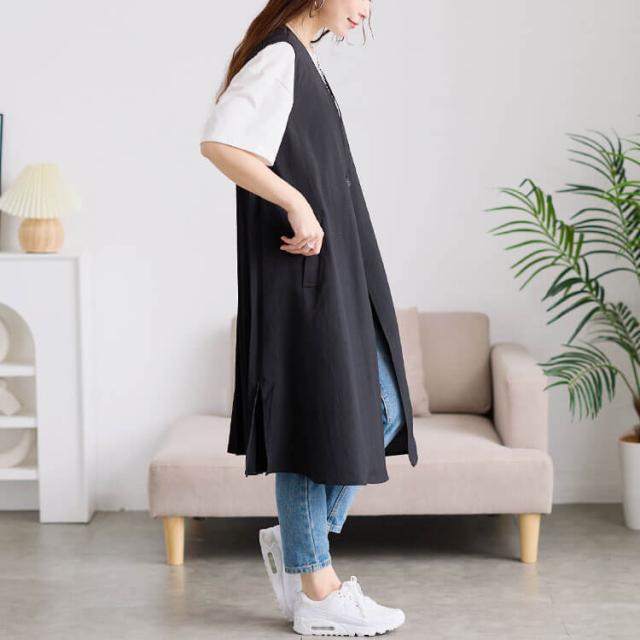 麻調バックプリーツロングジレ