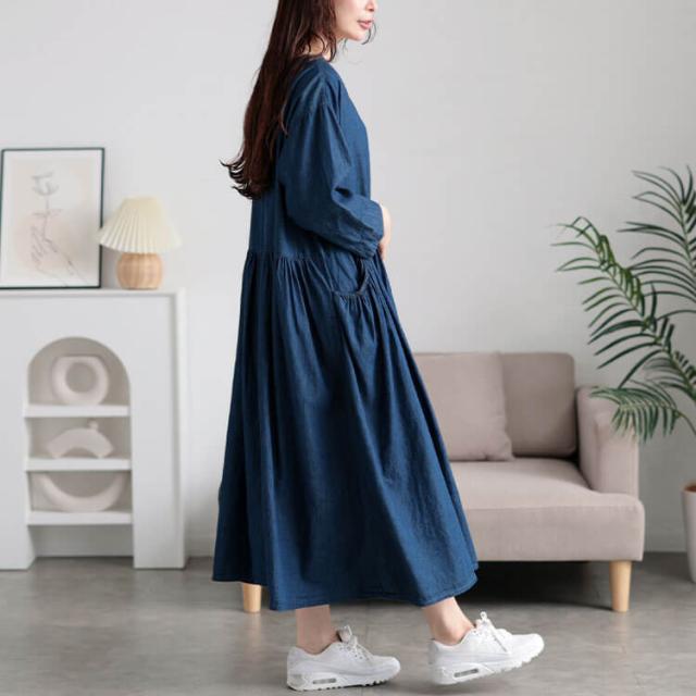 ギャザーポケットコットンデニムワンピース