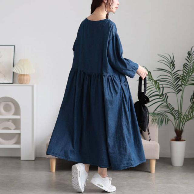 ギャザーポケットコットンデニムワンピース
