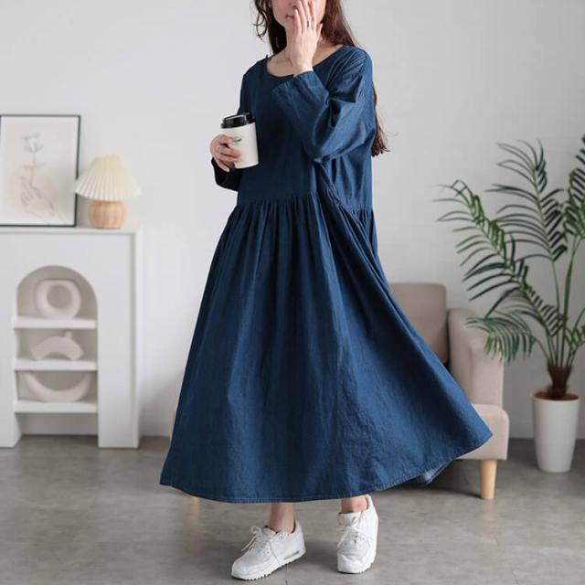 ギャザーポケットコットンデニムワンピース