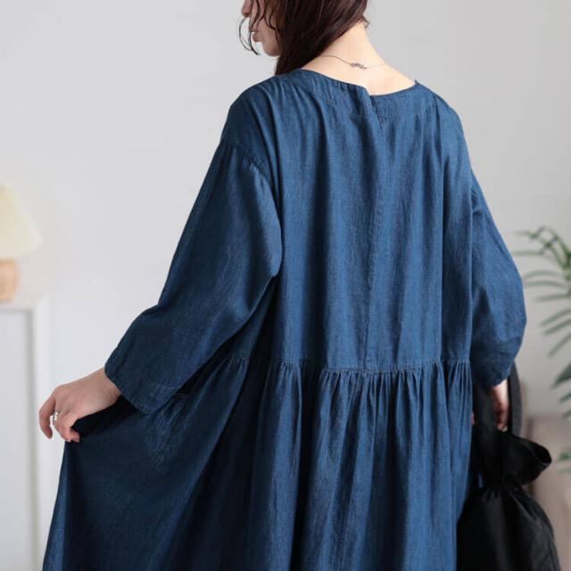 ギャザーポケットコットンデニムワンピース