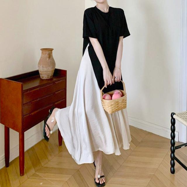 異素材アシンメトリーフレアワンピース