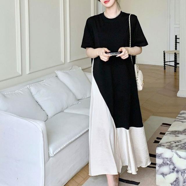 異素材アシンメトリーフレアワンピース