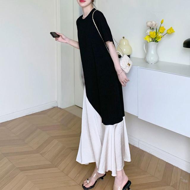 異素材アシンメトリーフレアワンピース