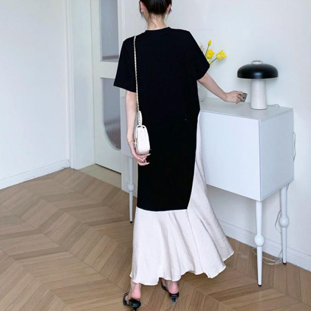 異素材アシンメトリーフレアワンピース